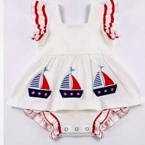 Baby Girls White Nautical Appliquéd Sailboats One Piece Dress Sizes 12M 18M 24M